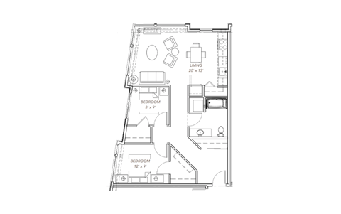Floor plan for 2 beds, 1 bath, 902 sqft